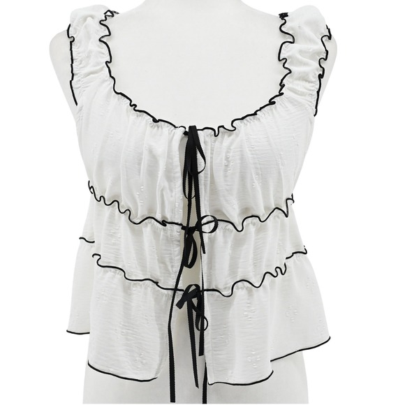 KIRIOUS LOS ANGELES Tops - Y2K KIRIOUS Los Angeles White Babydoll Bustier Top Black Lettuce Hem Coquette